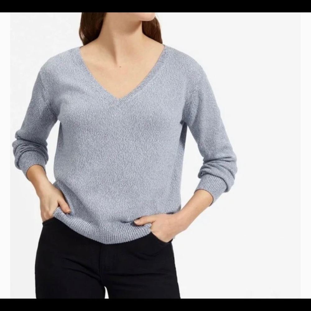 Everlane The Soft Cotton V-Neck Sweater Blue Melange Relaxed Fit sz M medium